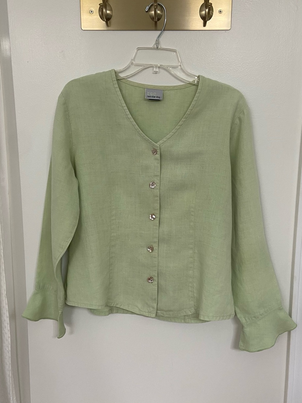 Vintage 90s Two Star Dog 100% Hemp Sage Green Button Front Blouse M Made USA
